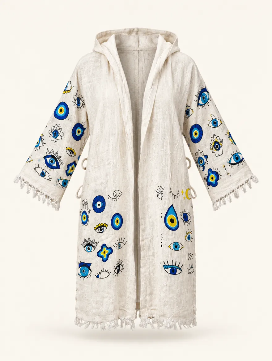 Hazır stok nazar gözü desenli kapüşonlu kimono