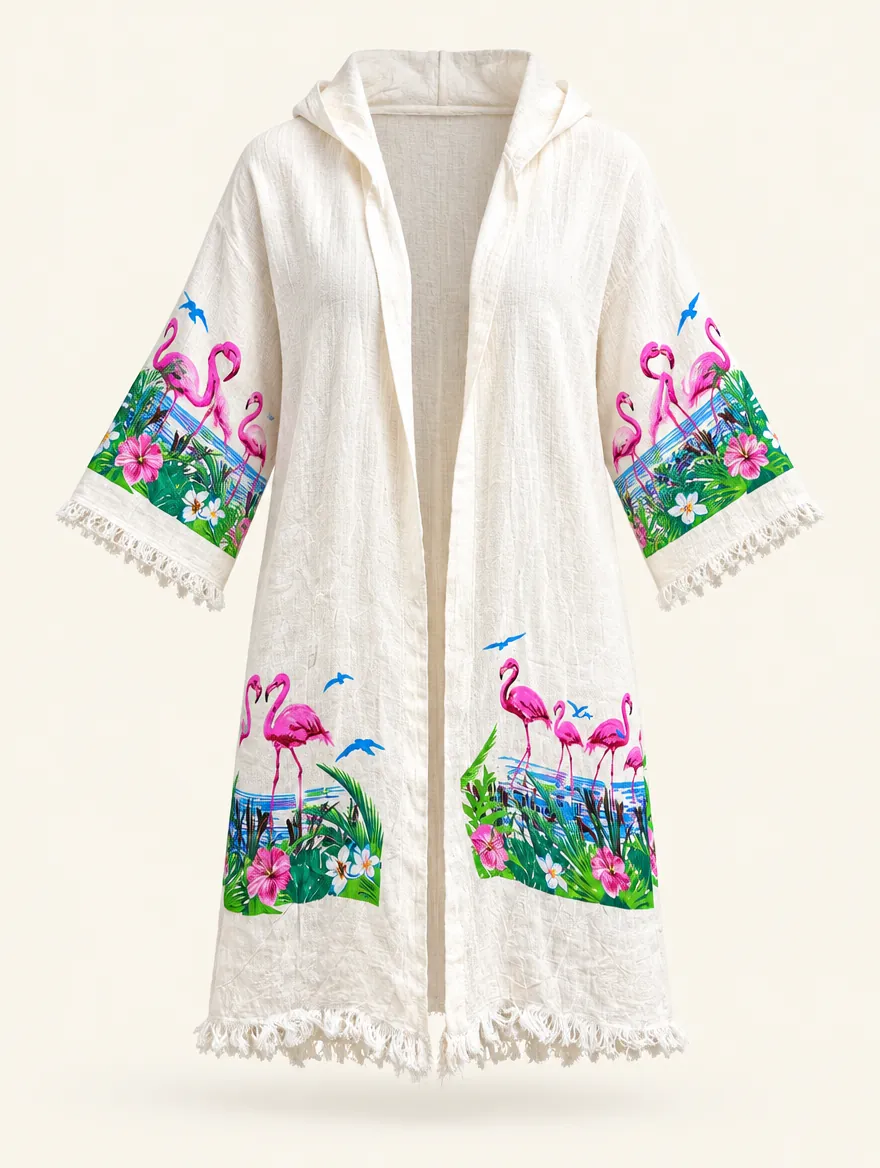 HS-07 Flamingo kapüşonlu plaj kimonosu — ön görünüm